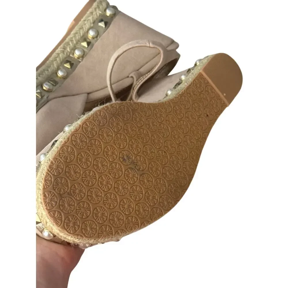 Lilly Pulitzer Hadley Espadrille Wedge Sandals Womens US 9 Beige Pearl Studded